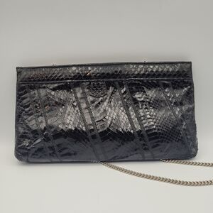 VTG 80s Black Snake Skin Purse Clutch Shoulder Evening Bag Silver Chain Cocktail